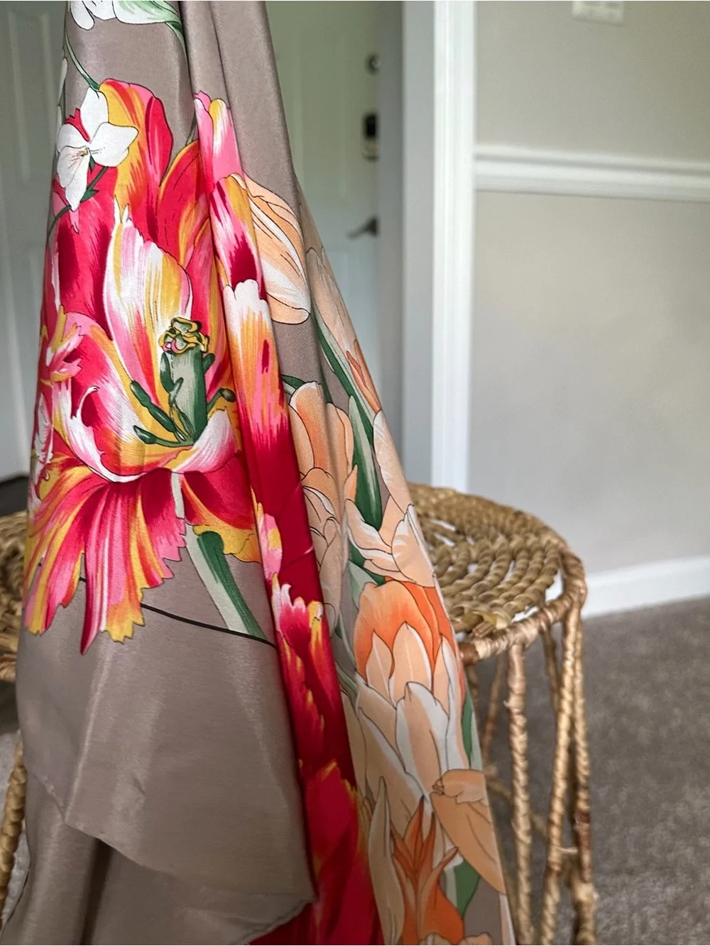 Floral 100% Silk Scarf in Taupe with Red & Peach Blooms Tulip Italian